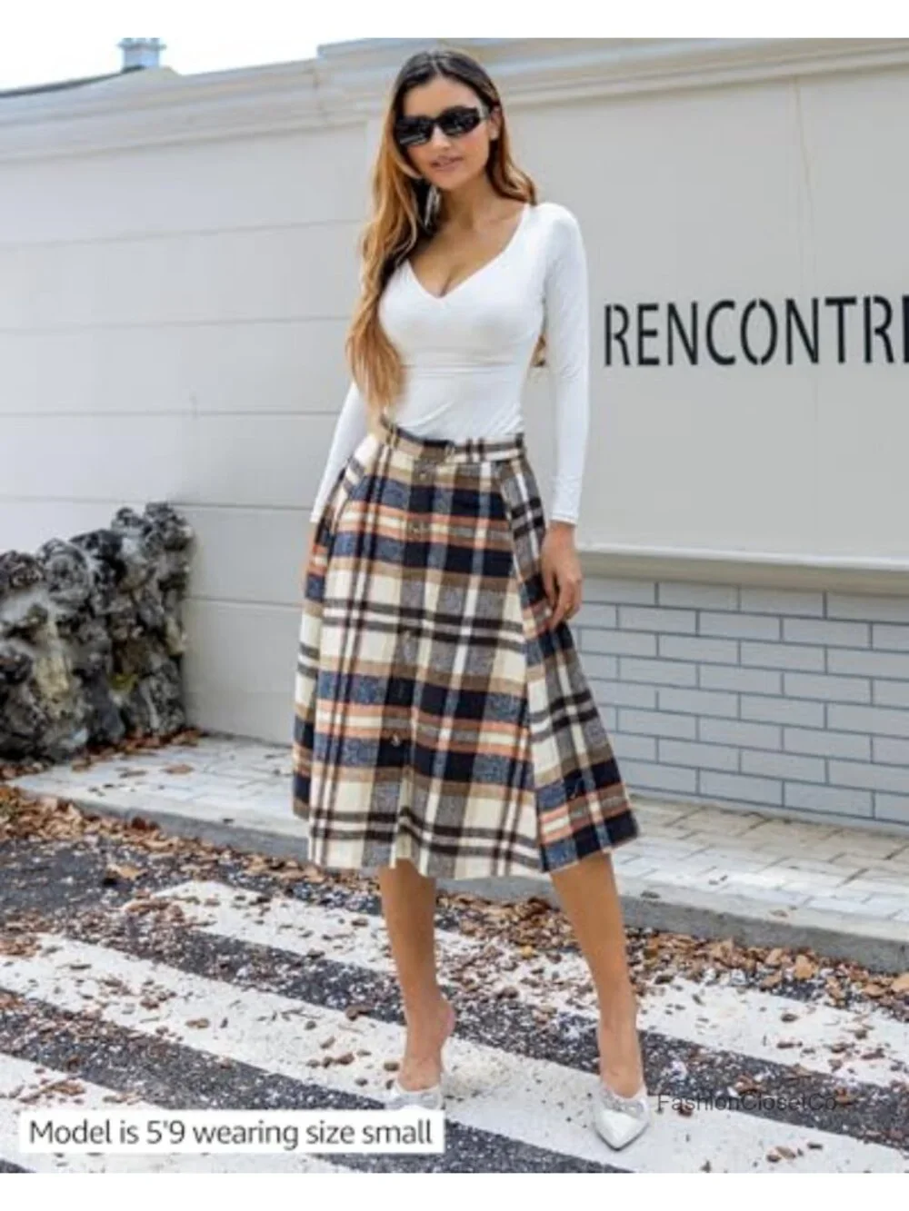 Women's High Waisted A-Line Plaid Midi Skirt with Pockets Fall Winter